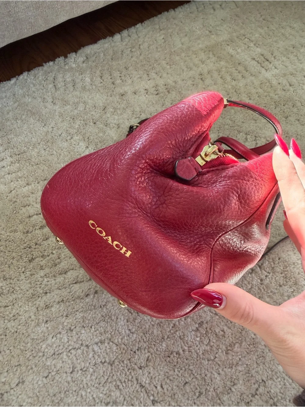 Coach Cherry Red Leather Satchel with Gold-Tone Accents